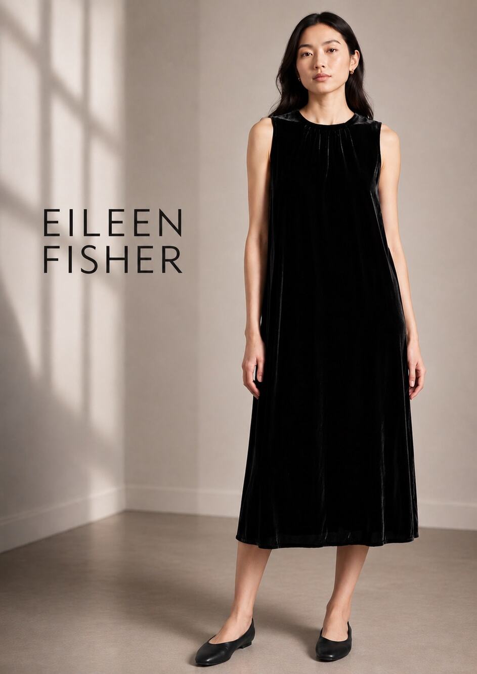 Eileen Fisher Sleeveless Velvet Midi Dress Black Sz M $378 NWT